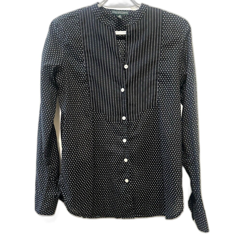 Lauren Ralph Lauren Womens Black Geometric Print Blouse Size XS Bib Front Button